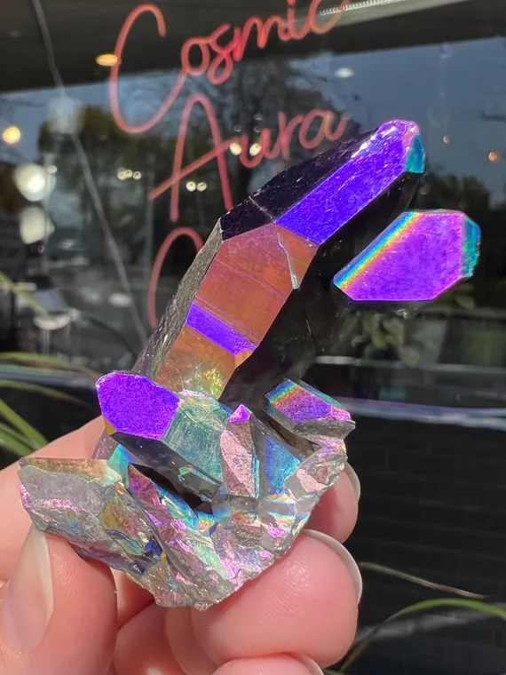 Funky moonbeam aura smoky quartz cluster, self healed