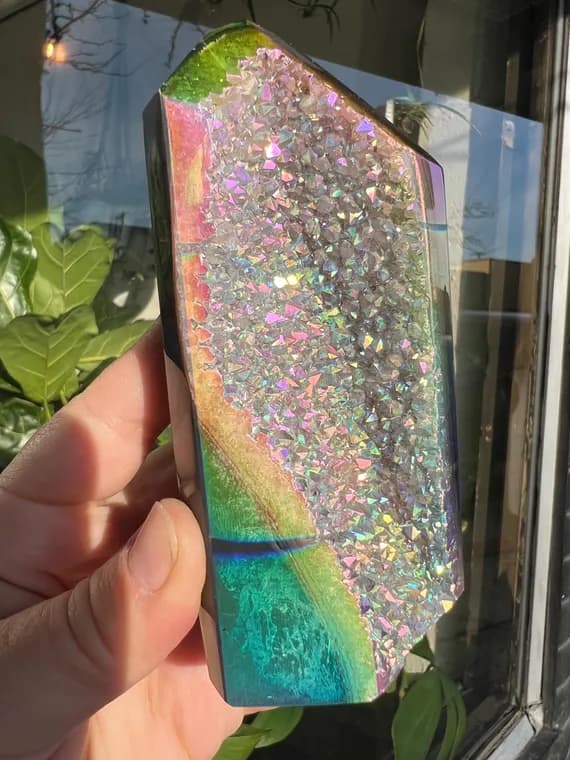 Large rainbow aura amethyst agate druzy tower