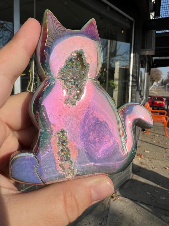 Rainbow aura agate druzy quartz cat