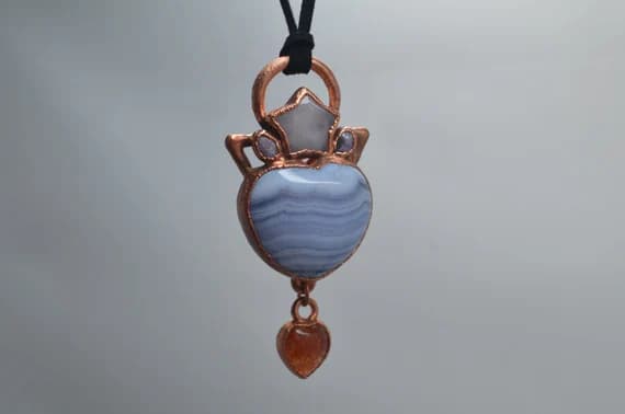 Copper electroformed Blue lace agate, Charoite, morganite, and sunstone pendant, electroplated crystal necklace