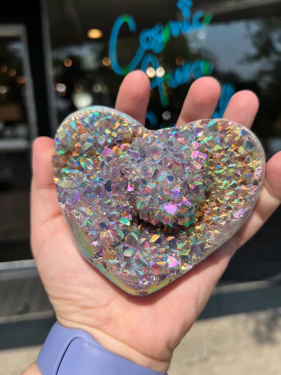 Rainbow aura amethyst druzy heart