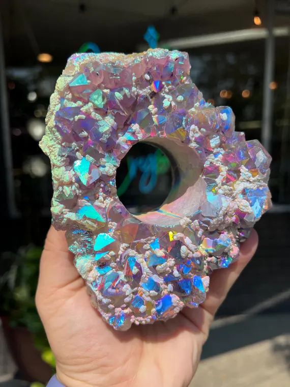 Rainbow aura amethyst druzy candle holder