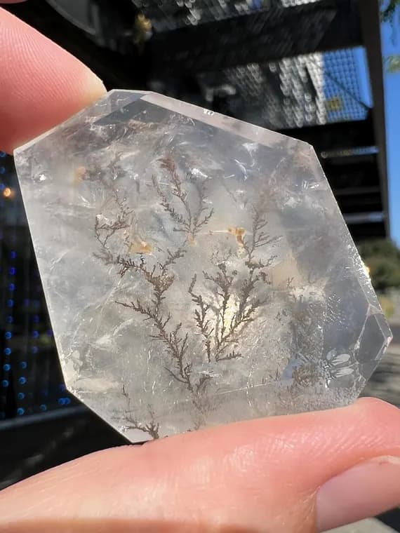 Glowing dendritic girasol quartz freeform facet