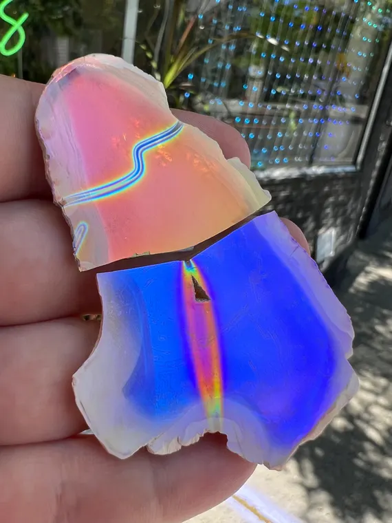 Moonbeam and Rainbow aura Iris Agate slices