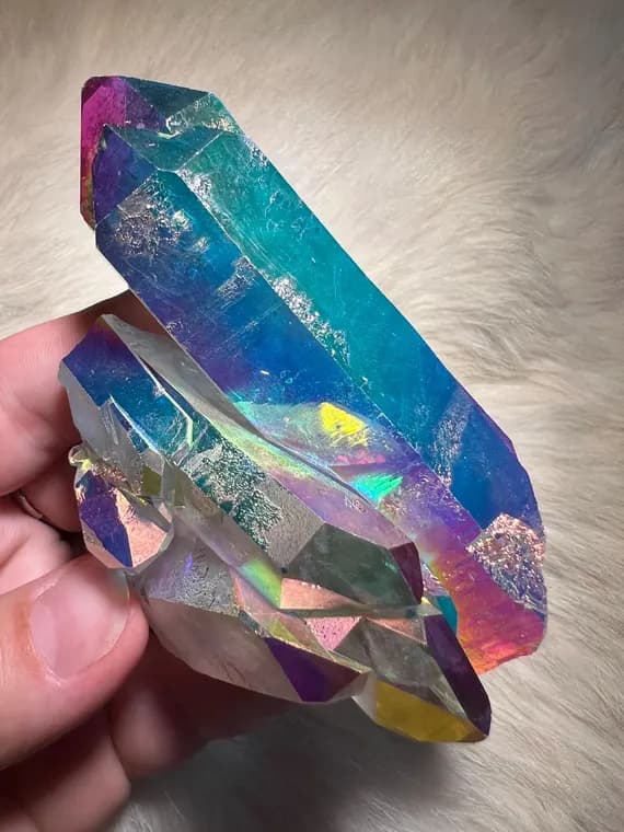Lustrous rainbow aura smoky quartz cluster
