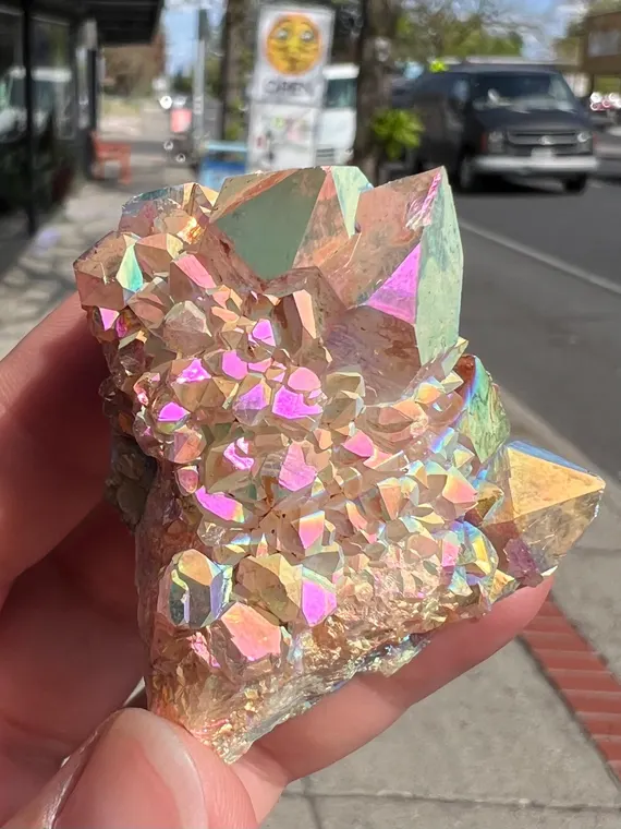 Rainbow aura iron stained spirit Quartz cluster faery cactus