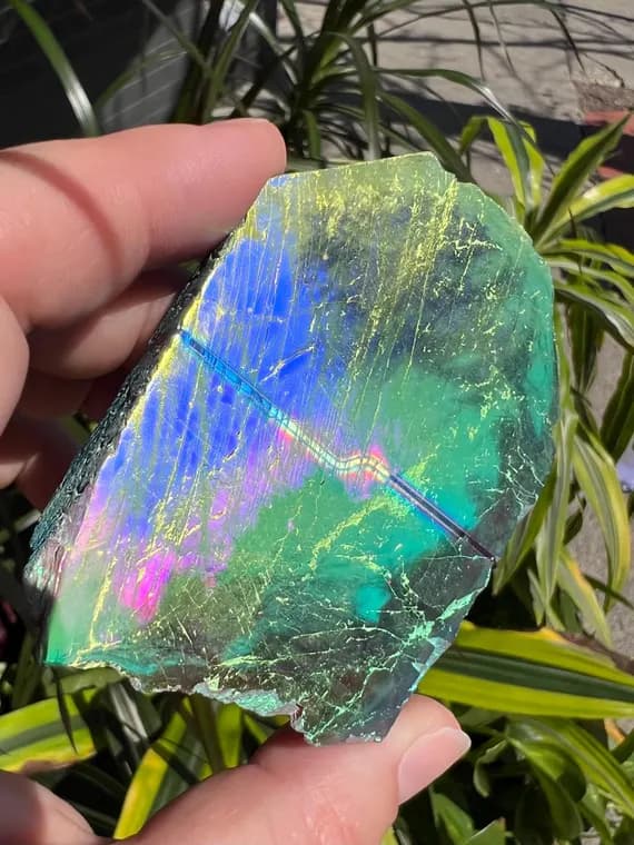 Flashy rainbow aura labradorite semi polished specimen, half polished