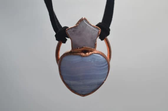Copper electroformed Blue lace agate, and morganite pendant, electroplated crystal necklace