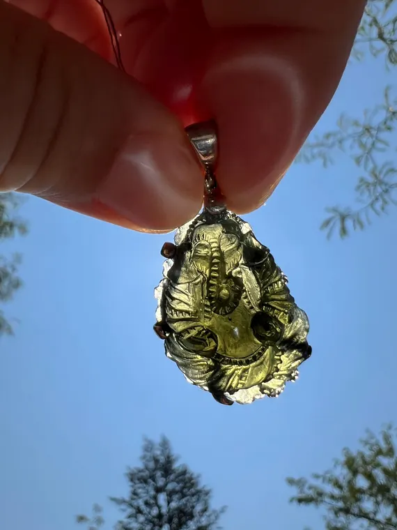 Sterling silver Moldavite Ganesha carving pendant, crystal necklace