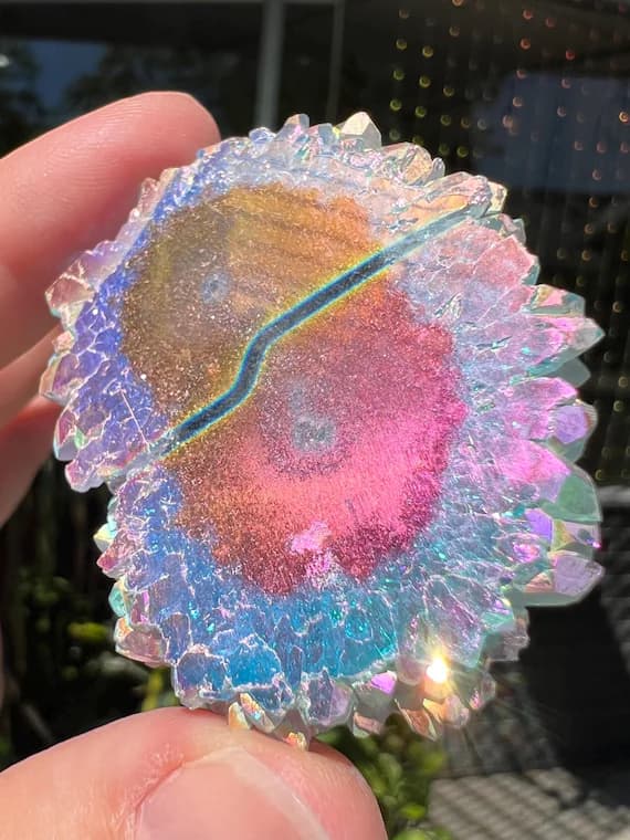 Rainbow aura amethyst stalactite slice, eye