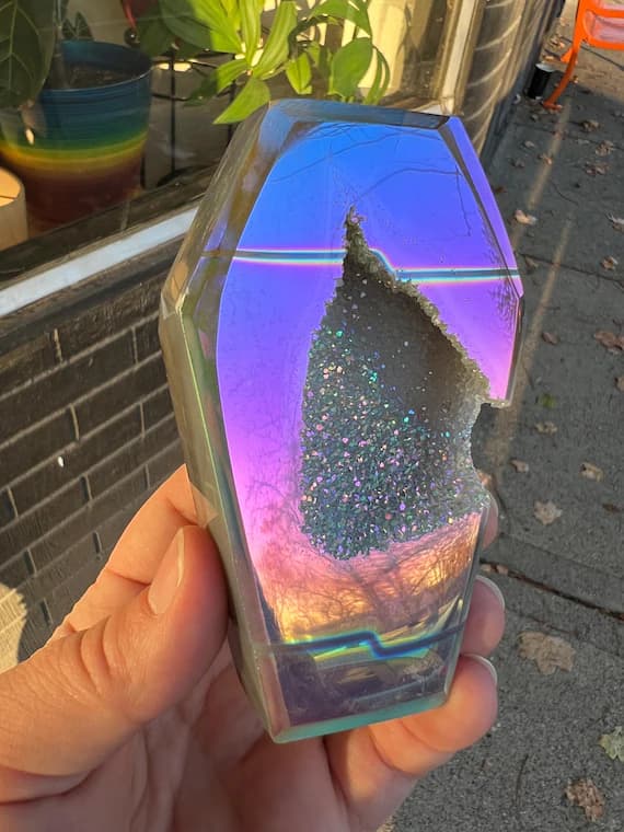 Rainbow aura agate druzy quartz coffin